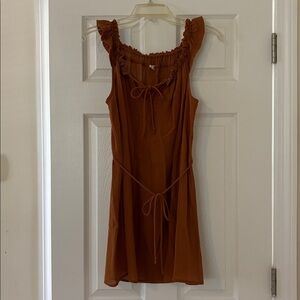 Sheer Rust Sleeveless Dress with Adjustable Ruffled Neckline